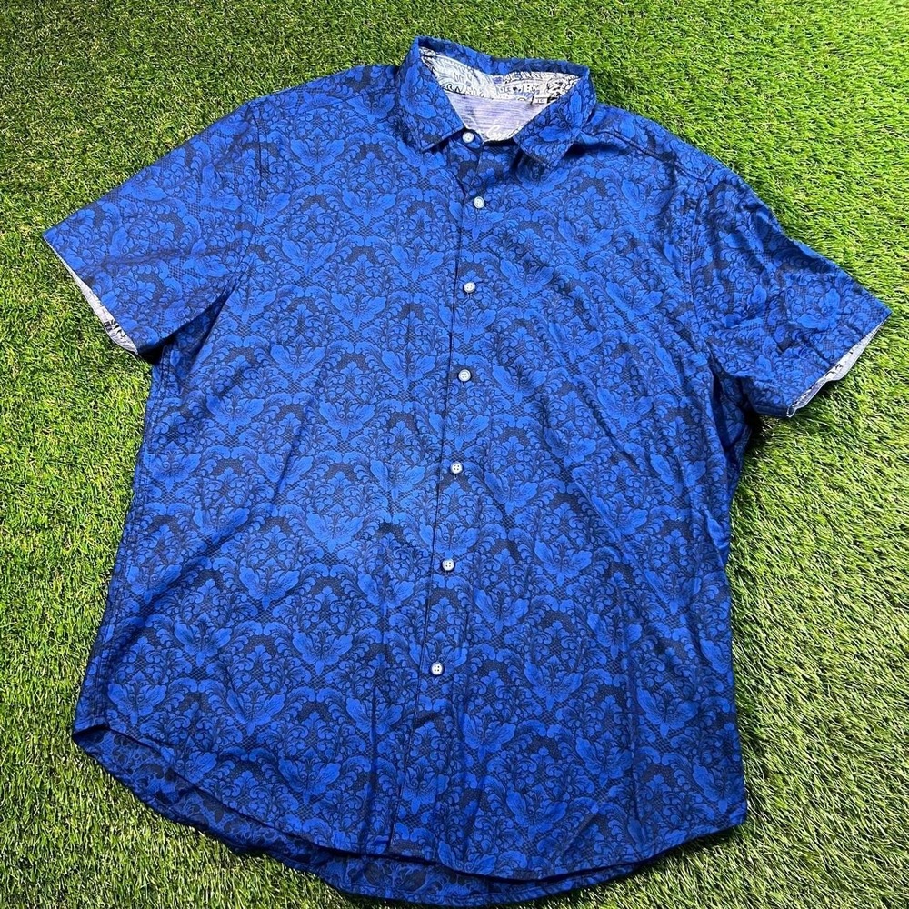 Robert Graham XL Blue Damask Short Sleeve Button Up Shirt Mens Designer Patterns